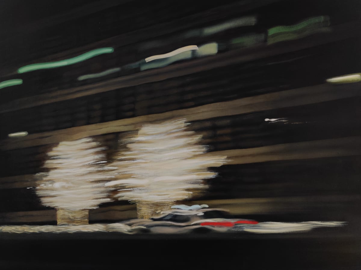 leaving Chicago by Heather Lewis  Image: Trees with lights in them, dark buildings, a car going by. We'll be driving all night. 