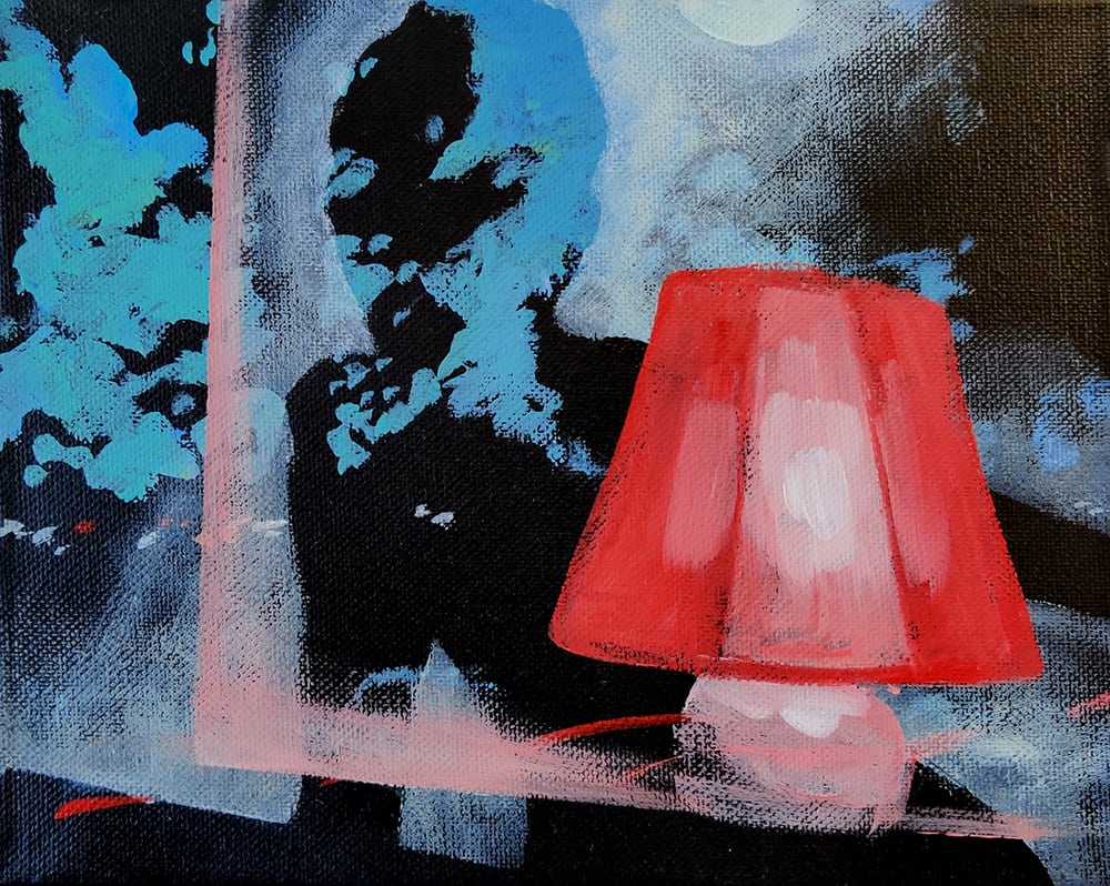 august night #11 by Heather Lewis  Image: Reflections and exterior views,  lights on just before dawn.