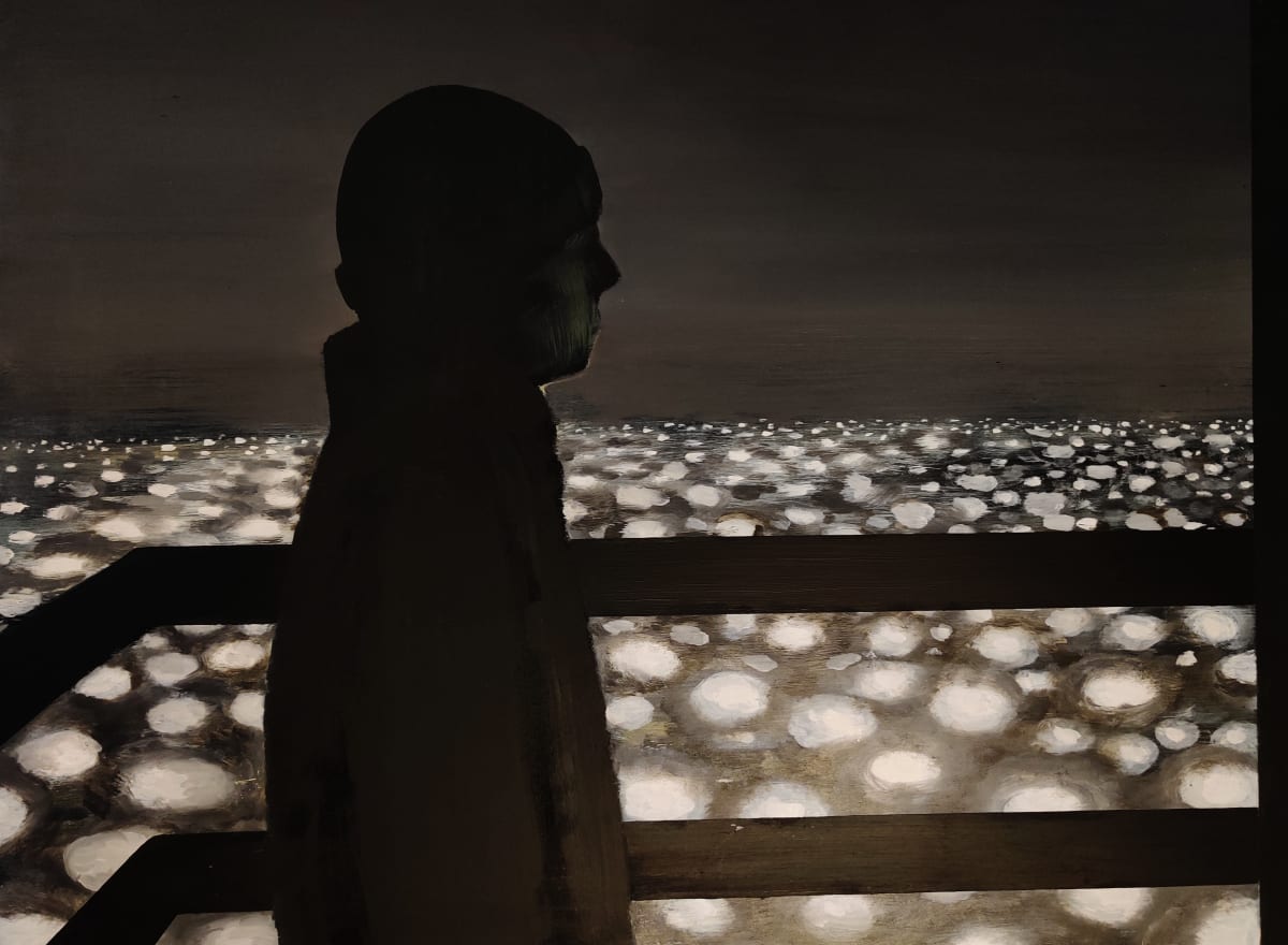 boy on a fire escape by Heather Lewis  Image: A small, dark figure alone in a city full of people.