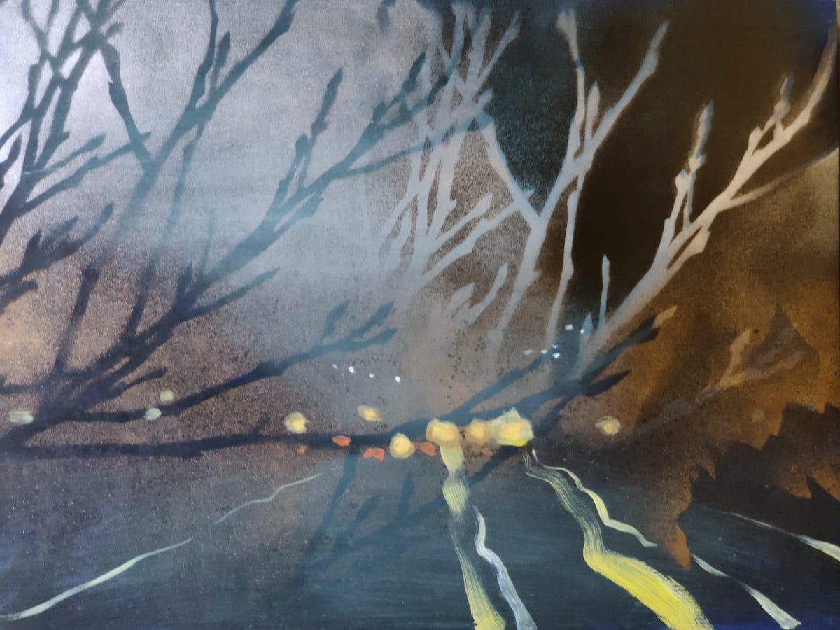 in the cut by Heather Lewis  Image: Speed and focus while driving makes for collaged images of my surroundings. A glimpse of sky, an impression of trees. Lights, lines, darkness, glare - all stitch together as a memory. 