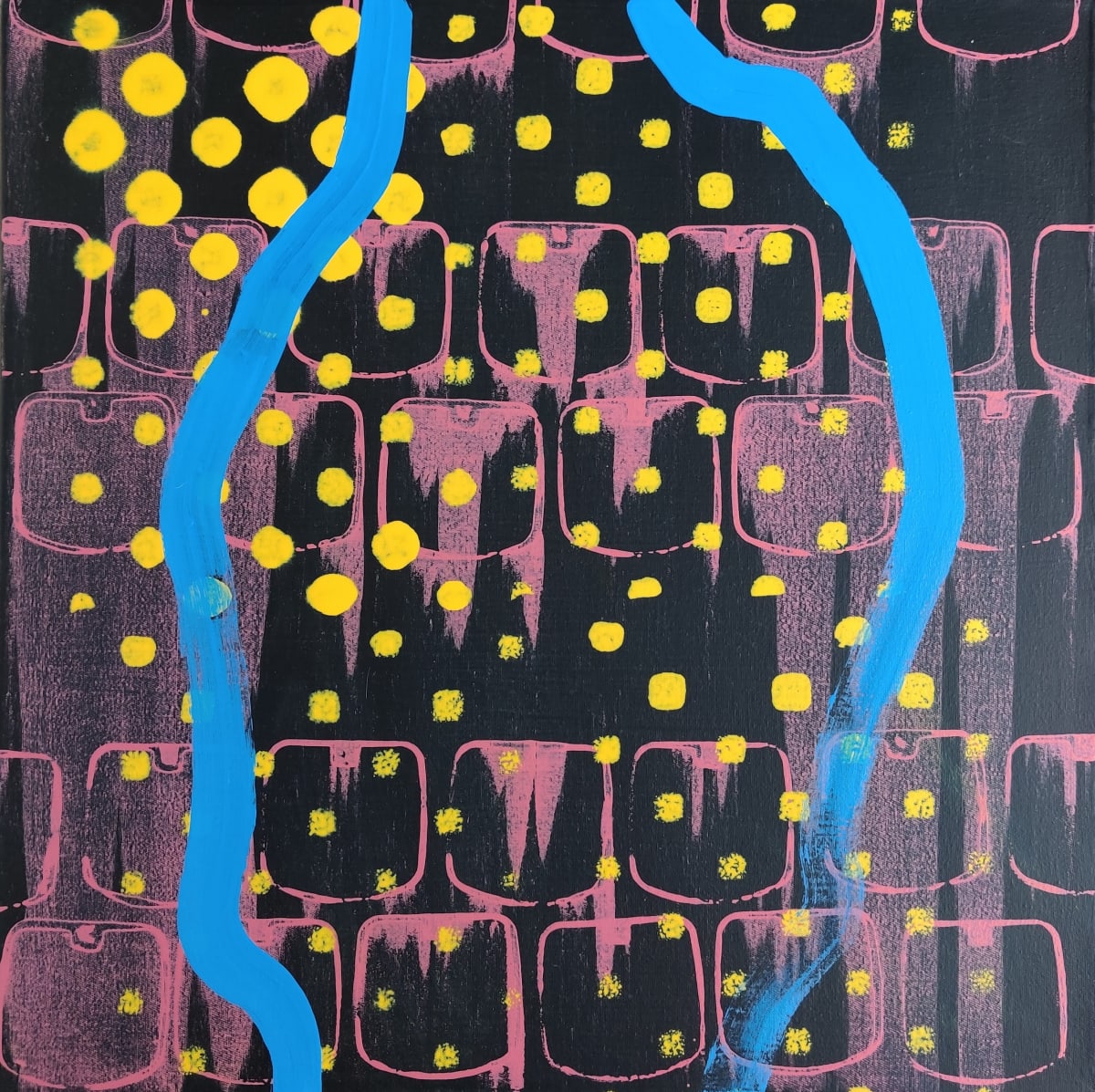 knock out this panel for display by Heather Lewis  Image: Using found objects to make shapes, this turquoise line is an early look at the absent figure that shows up later in my work. 