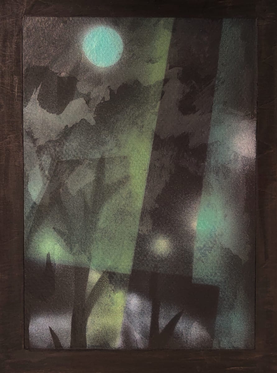 window #2, (forest) by Heather Lewis  Image: Reflections on a window at night. Abstract shapes of objects and obscurings frame trees, foliage, and the glow of lights.