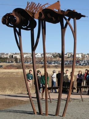 Flood Story by ECOS Communications, Inc.  Image: "Flood Story" sculpture, by ECOS Communications, Inc., shown at dedication, on February 23, 2011