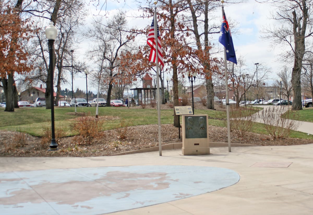 Bega-Littleton Sister Cities Monument by Georg Stanescu  Image: Bega Park monument, showing plaque and map of US and Australia, c.2008