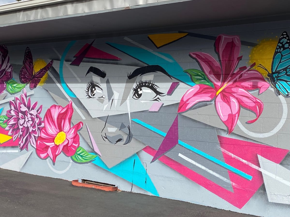 Untitled - face with geometric shapes & flowers by Unknown  Image: Unknown mural title, unknown artist, date unknown (close-up)