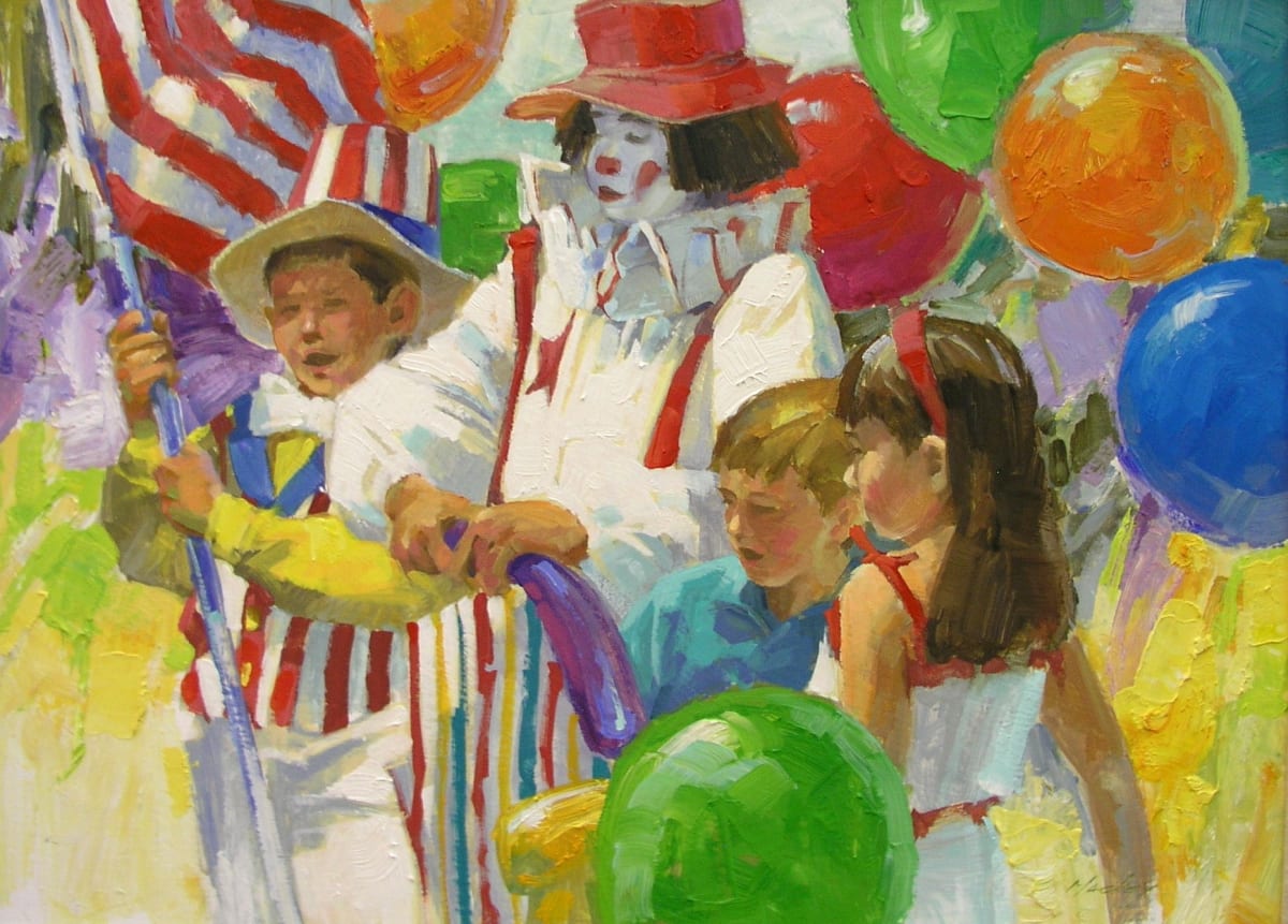 Untitled - children with clown and balloons by Kim Mackey  Image: "Untitled - children with clown and balloons" by Kim Mackey, 1993.