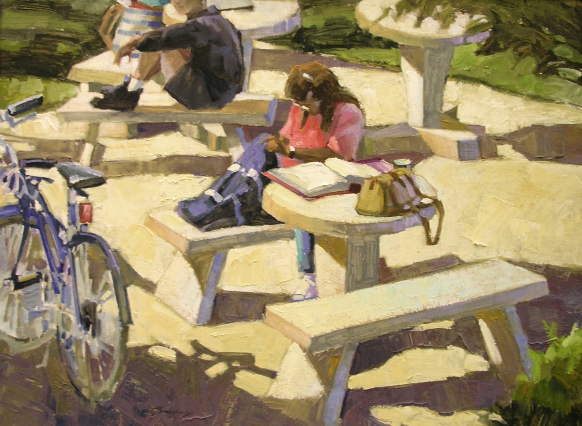 Untitled - people at picnic tables by Kim Mackey  Image: "Untitled - people at picnic tables" by Kim Mackey, 1993.