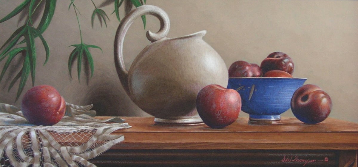 Stangl Pitcher with Red Plums by S. Mark Thompson  Image: "Stangl Pitcher with Red Plums" by S. Mark Thompson, 1993