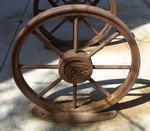 Wagon Wheels by Kim Kaminski  Image: "Wagon Wheels" by Kim Kaminski, 2013, one of 10 bike racks installed on Main Street