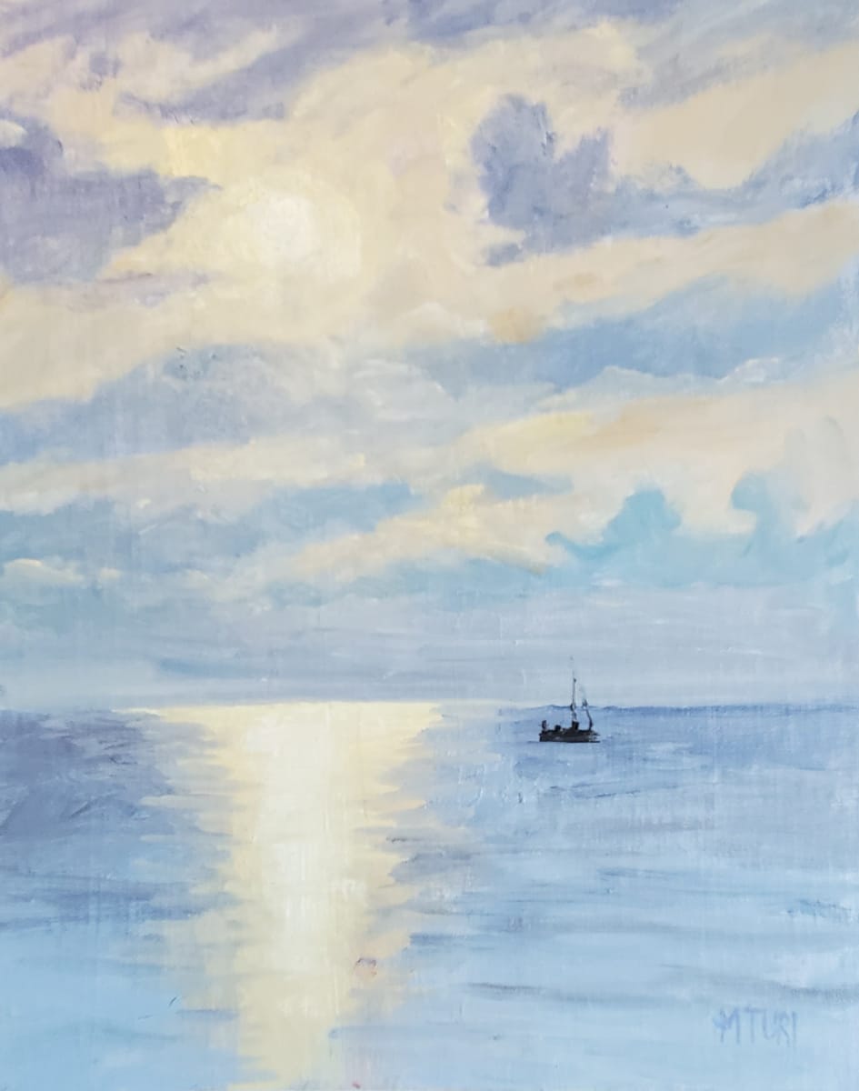 Early Sunset by Mia Turi  Image: The soft light of late afternoon on Lake Erie accompanies a lone sailboat waiting for the drama of sunset.