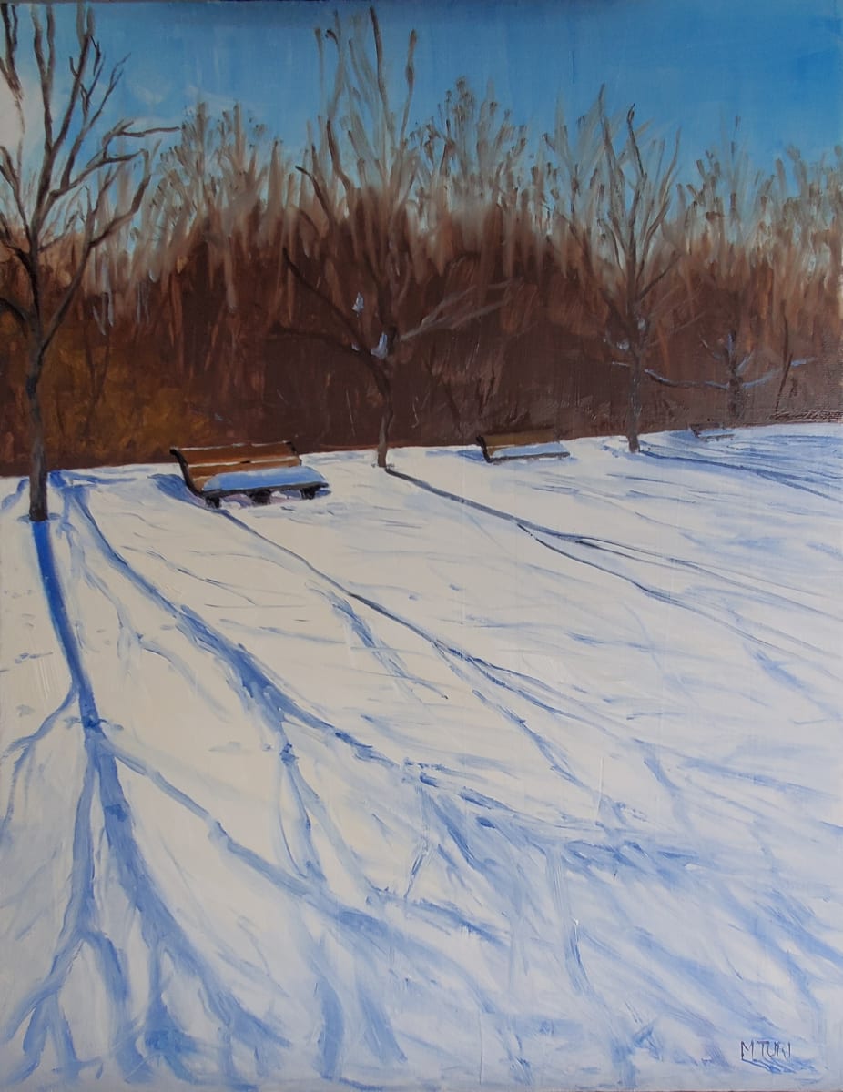 Afternoon Stretch by Mia Turi  Image: Long, blue shadows reach across a winter landscape.  They are the occupants in an otherwise empty park. 