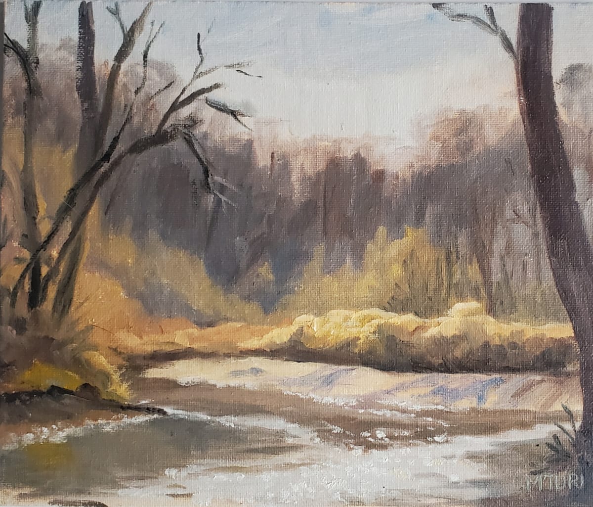 Late Autumn Backlight on the Chagrin by Mia Turi  Image: A plein air landscape on banks of the Chagrin River in Ohio.