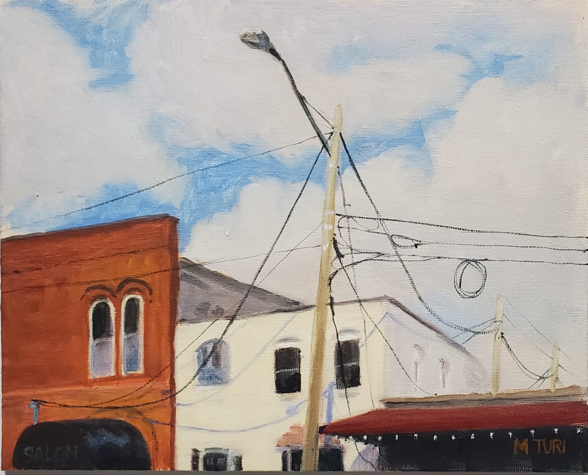 Somehow, All Connected by Mia Turi  Image: Plein air cityscape in Willoughby, Ohio. I loved the lines of the wires against the buildings and sky.  In reality, there were so many wires, I left several out of the painting to make efficient use of the time that day. 