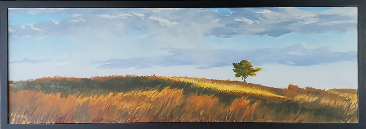 Headlands Dunes by Mia Turi  Image: A solitary tree sits atop a grassy dune at Headlands Beach State Park, Ohio.  The lake is out of view on the opposite side of the dune.  Soft clouds breeze by in the background with some light precipitation misting a small section.  The early morning sun lights a section of the dune .

I like to paint scenes that have s solitary figure of some kind.  This is a nod to my own preference for solitude.