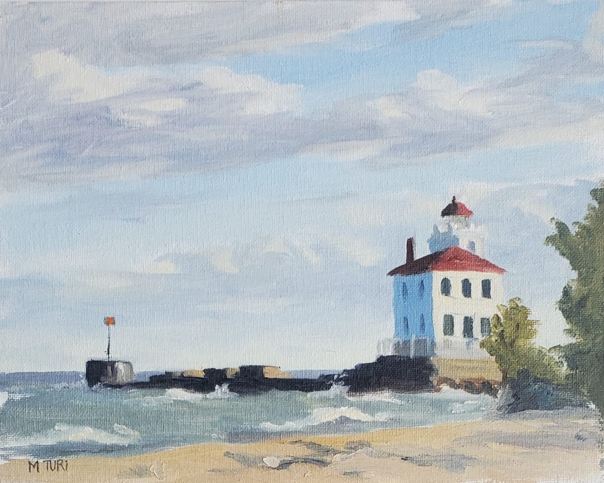 Headlands Lighthouse by Mia Turi  Image: Plein air landscape of the lighthouse at Headlands Dunes State Park in Ohio.