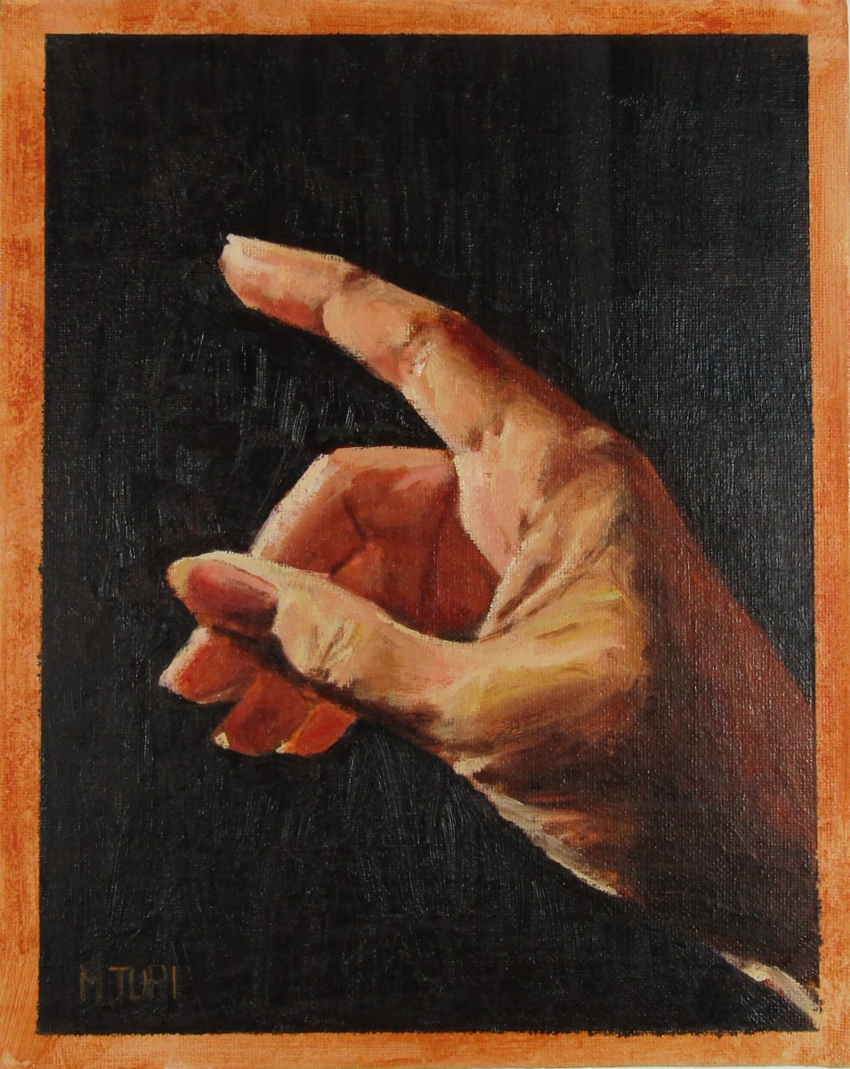 Hold On a Second by Mia Turi  Image: The first of 3 hand studies. I loved capturing the stark contrast of light and dark in the fleshtones.