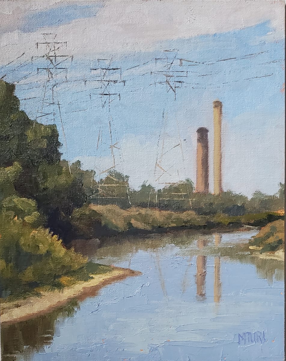 Over the Chagrin River by Mia Turi  Image: Another 8”x10” plein air original done along the banks of the Chagrin River in Willoughby, OH. The river winds its way underneath high-tension towers with the old power plant smokestacks in the background. I’ve really come to love painting this river as it is easily accessible in a variety of locales.