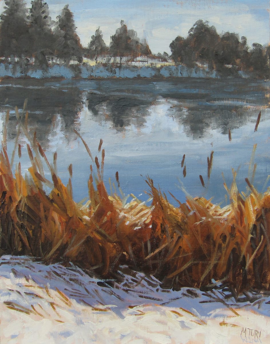 Reeds in Winter by Mia Turi  Image: This 11"x14" oil on canvas panel depicts a cold, frozen lake scene.  The flank of dead reeds running across the foreground reflect a warmth that belies the rest of the scene.  I was inspired by this scene on a day-hike and painted it from sketches and photos. 