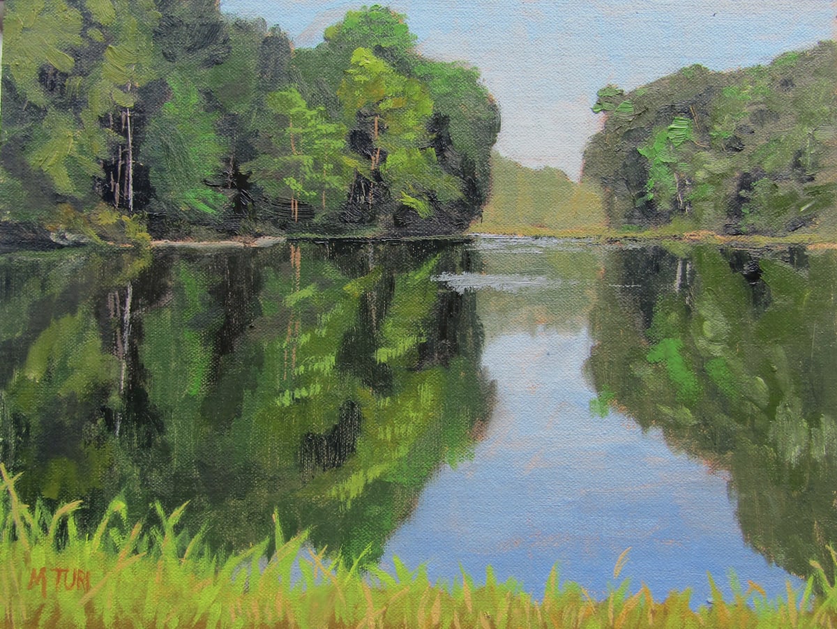 Serene by Mia Turi  Image: Calm water on the lake at Camp Whitewood in Ashtabula County, OH. Painted en plein air with finishing in studio. August 20-21, 2022