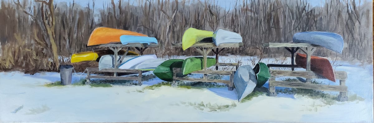 Winter Bunks  Image: 12"x36"x .63" oil painting of canoes bunked for the winter on a weathered rack.  They are not provided any cover from the elements. The colors evoke faded memories of summer.