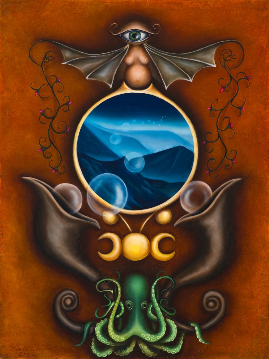 Scrying by Linda Chido  Image: “Scrying” draws from the mystical practice of gazing into a reflective surface to unveil hidden truths, blending mythological archetypes and symbols of introspection. The central sphere evokes an otherworldly portal, a bridge between earthly realms and celestial mysteries. Surrounding it are symbolic motifs—the triple goddess, the octopus (symbol of transformation), and an omnipresent eye—suggesting the interconnectedness of the subconscious and divine wisdom. "Scrying" invites viewers to look beyond the surface and embrace the stories hidden within themselves.