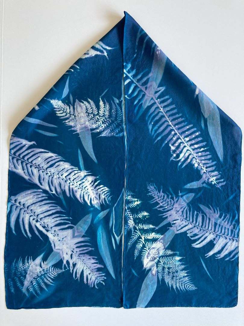 Sword and Lady Fern Cyanotype Silk Scarf by Nanette Moss 