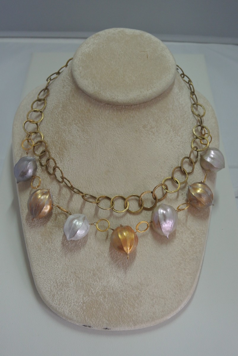 Hickory Nut and Gold Vermeil Necklace with Pearl Clasp by Hollis Bauer 