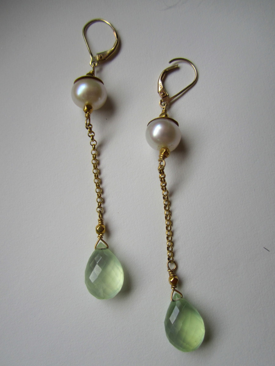 Phrenite Briolette Drop Earrings with CFW Pearl and 18 Ct Gold Hammered Caps by Hollis Bauer 
