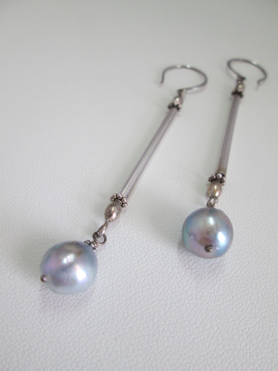 HJD Signature Design - Natural Tahitian Pearl Drop Earrings with SS Tube by Hollis Bauer 