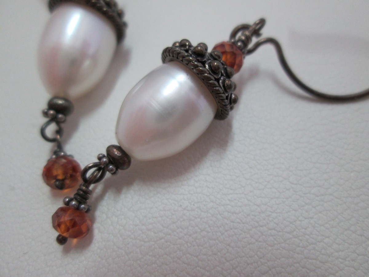 'Faberge Egg Earrings' - CFW Pearl with Mandarin Garnet Bead and SS Cap by Hollis Bauer 