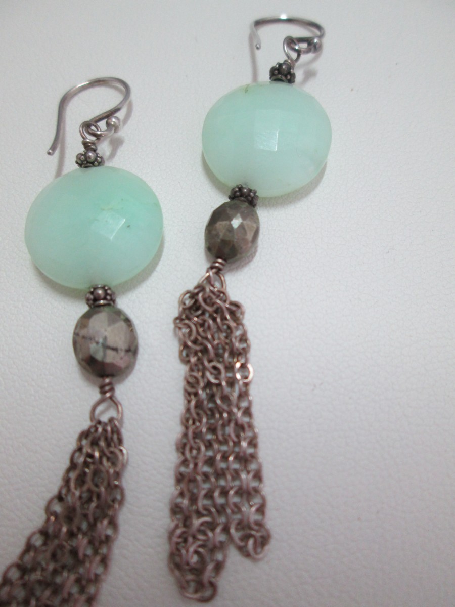 Faceted Chrysoprase and Pyrite Bead Earrings with SS Chain Tassel by Hollis Bauer 