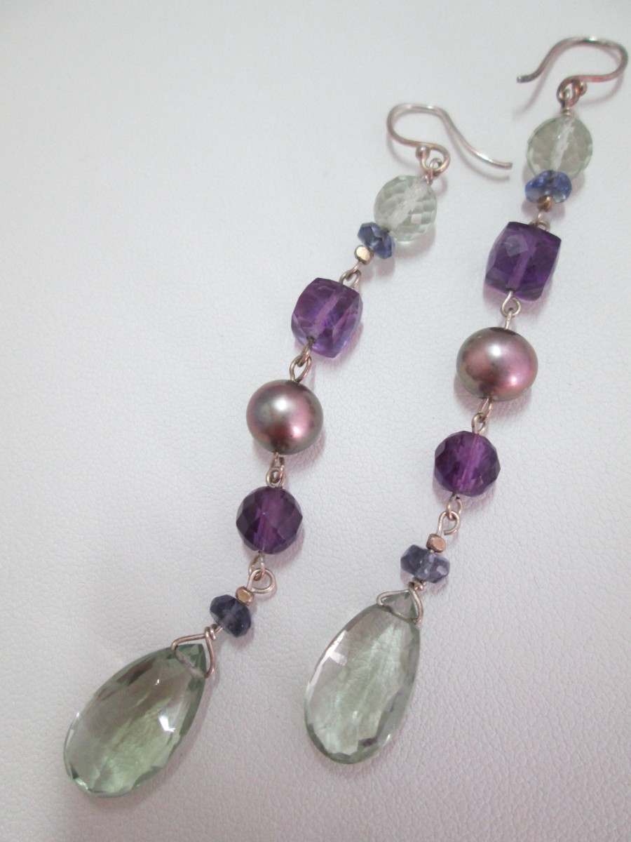 Green and Purple Amethyst Earrings with Iolite Beads and CFW Pearl (Var.1 - Long) by Hollis Bauer 