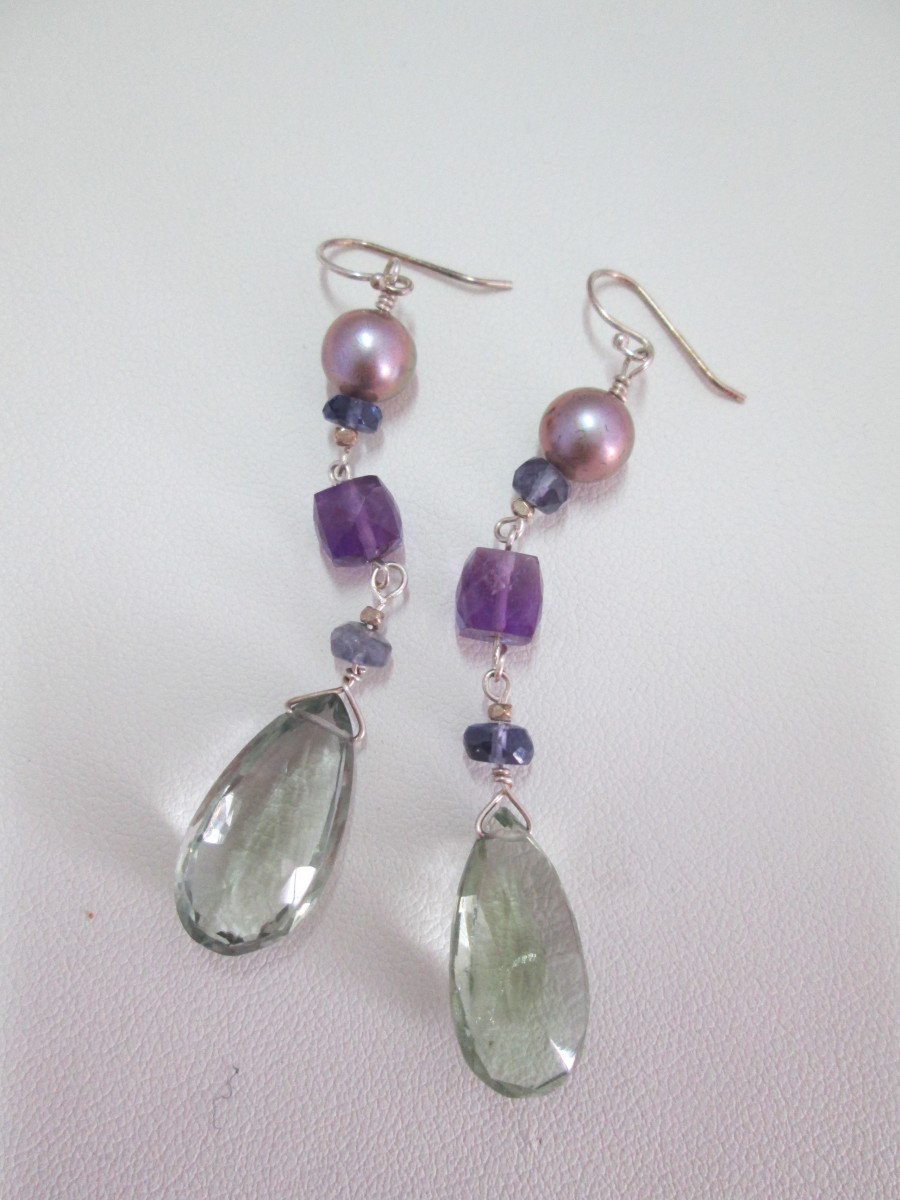 Green and Purple Amethyst Earrings with Iolite Beads and CFW Pearl (Var. 2) by Hollis Bauer 