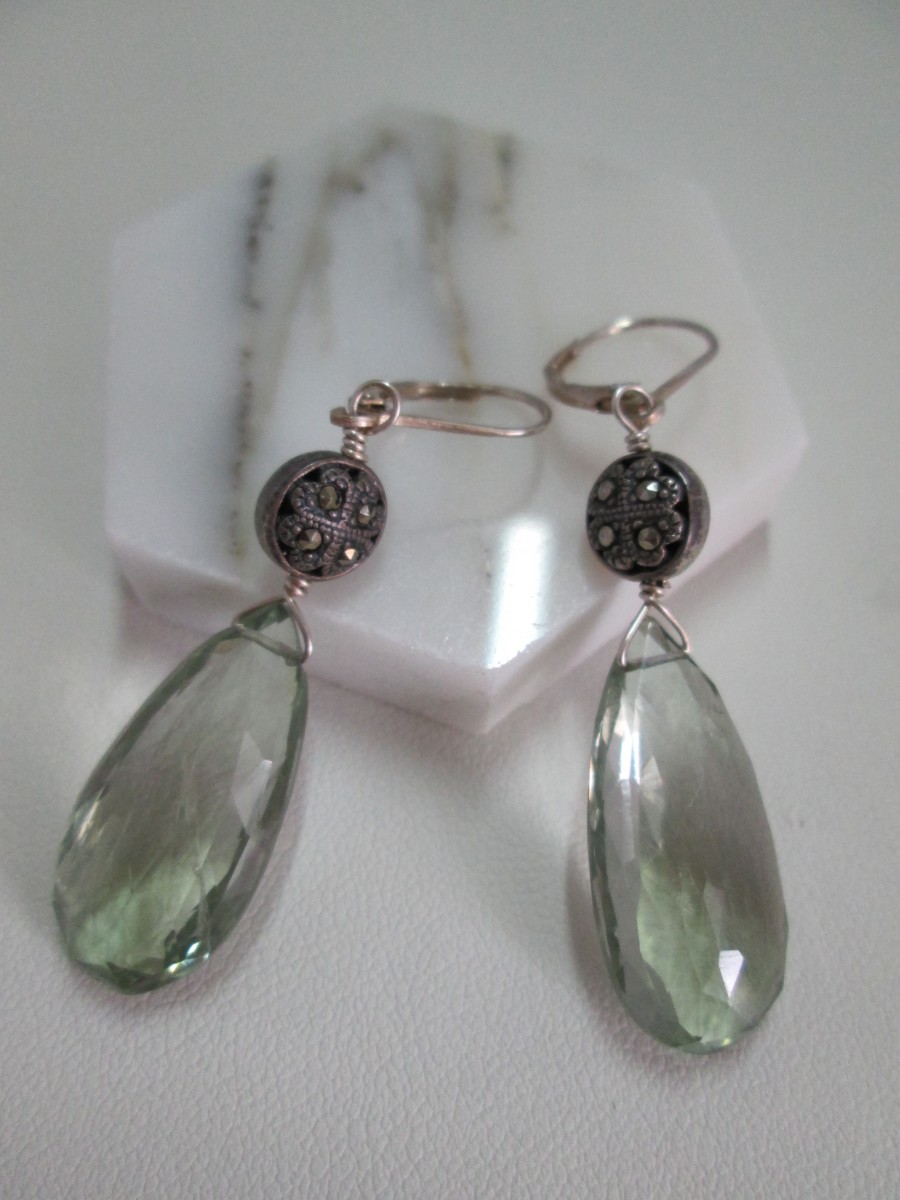 Faceted Green Amethyst and Marcasite Earrings by Hollis Bauer 