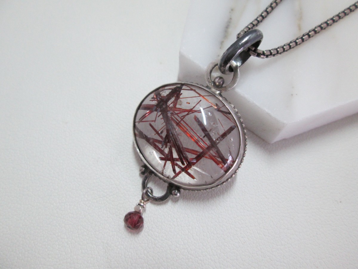 SS Set Rudilated Quartz Necklace with Garnet Bead  by Hollis Bauer 