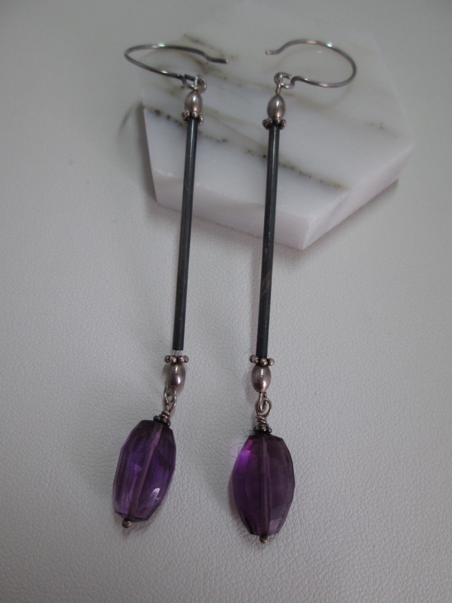 HJD's Signature Design - Faceted Amethyst Nugget Drop Earrings with SS Tube by Hollis Bauer 