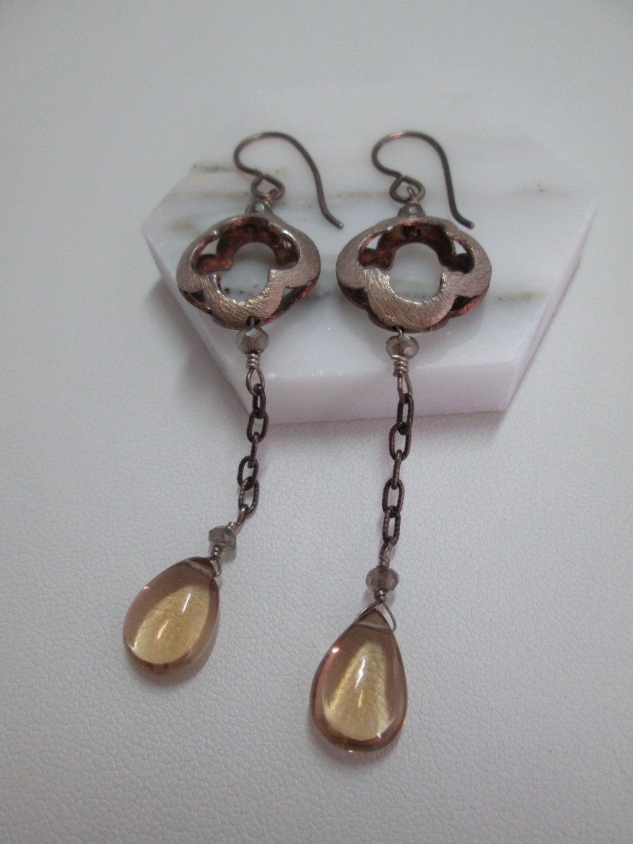 Champagne Quartz Drop Earring with SS Quatrefoil by Hollis Bauer 