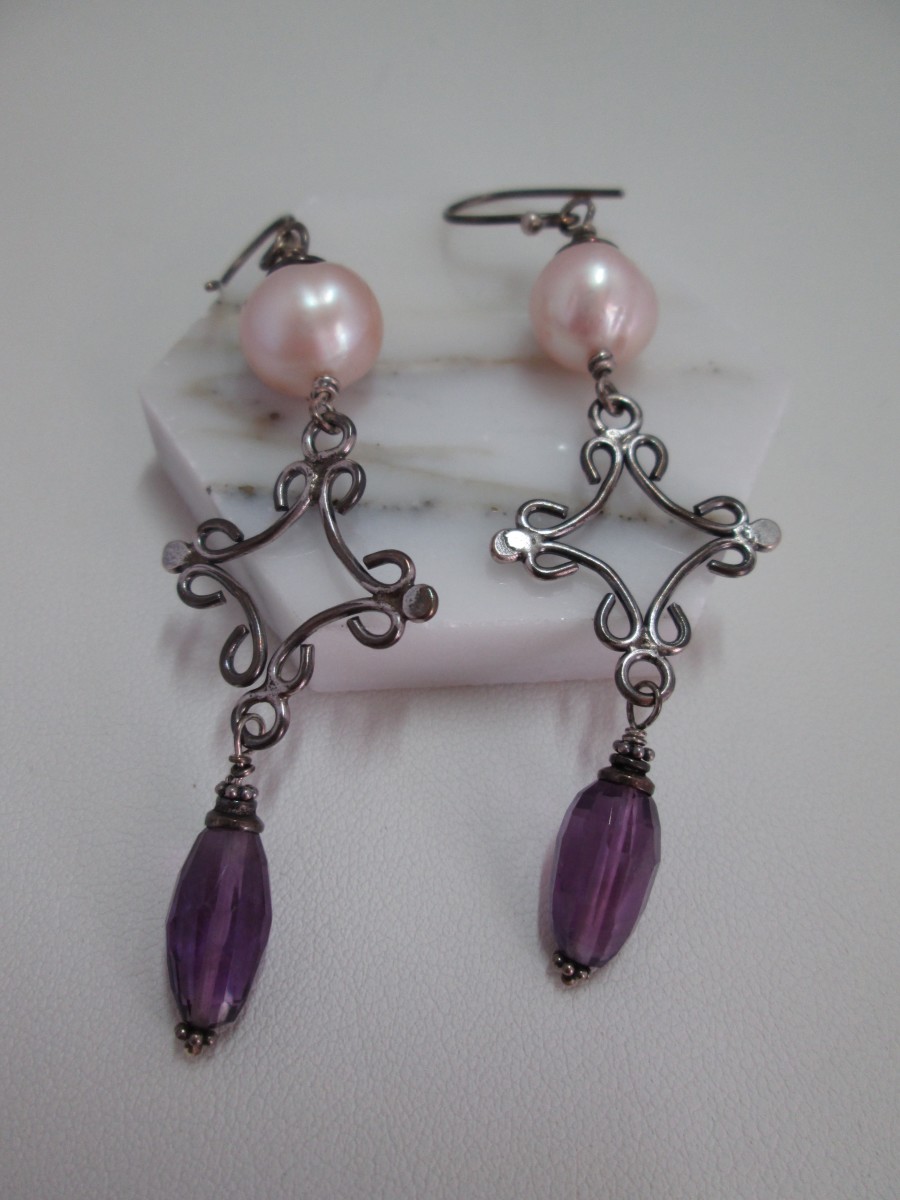 Amethyst and CFW Pearl Earrings by Hollis Bauer 