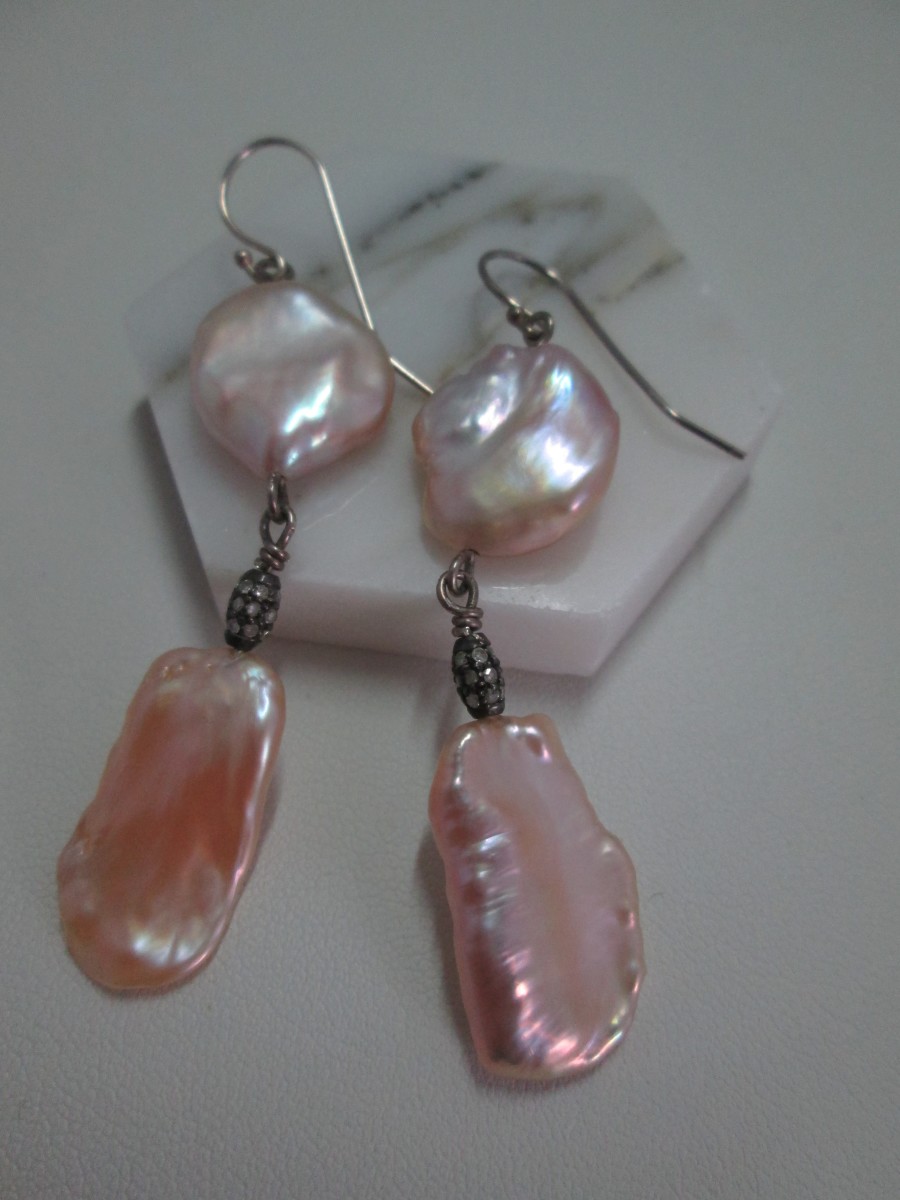 Pink Chinese Freshwater Pearl Earrings with Sterling Diamond Pave Bead by Hollis Bauer 