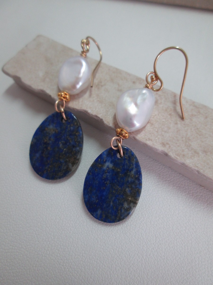 Lapis and CFW Pearl Earring with Gold Vermeil by Hollis Bauer 