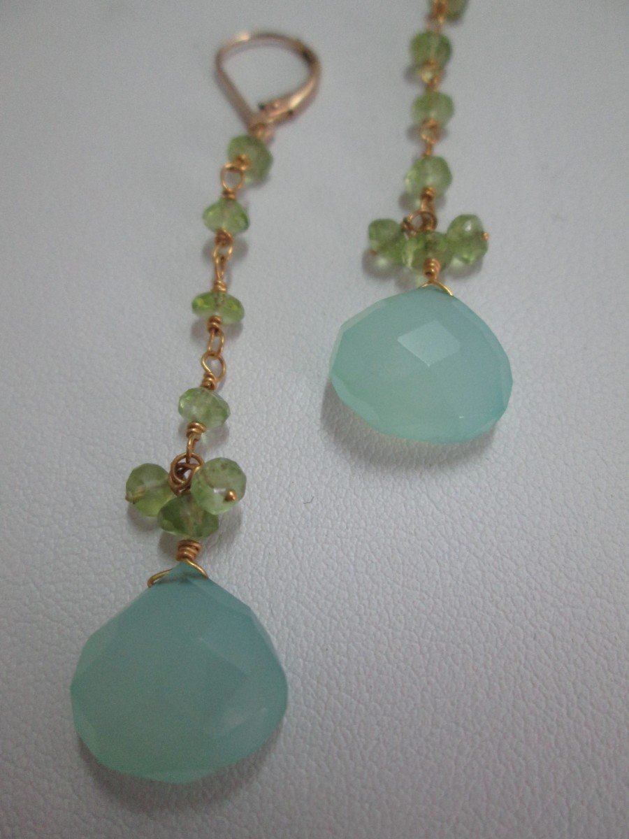 Faceted Peridot Briolette Earrings with 18 ct Gold and Green Chalcedony Beads by Hollis Bauer 