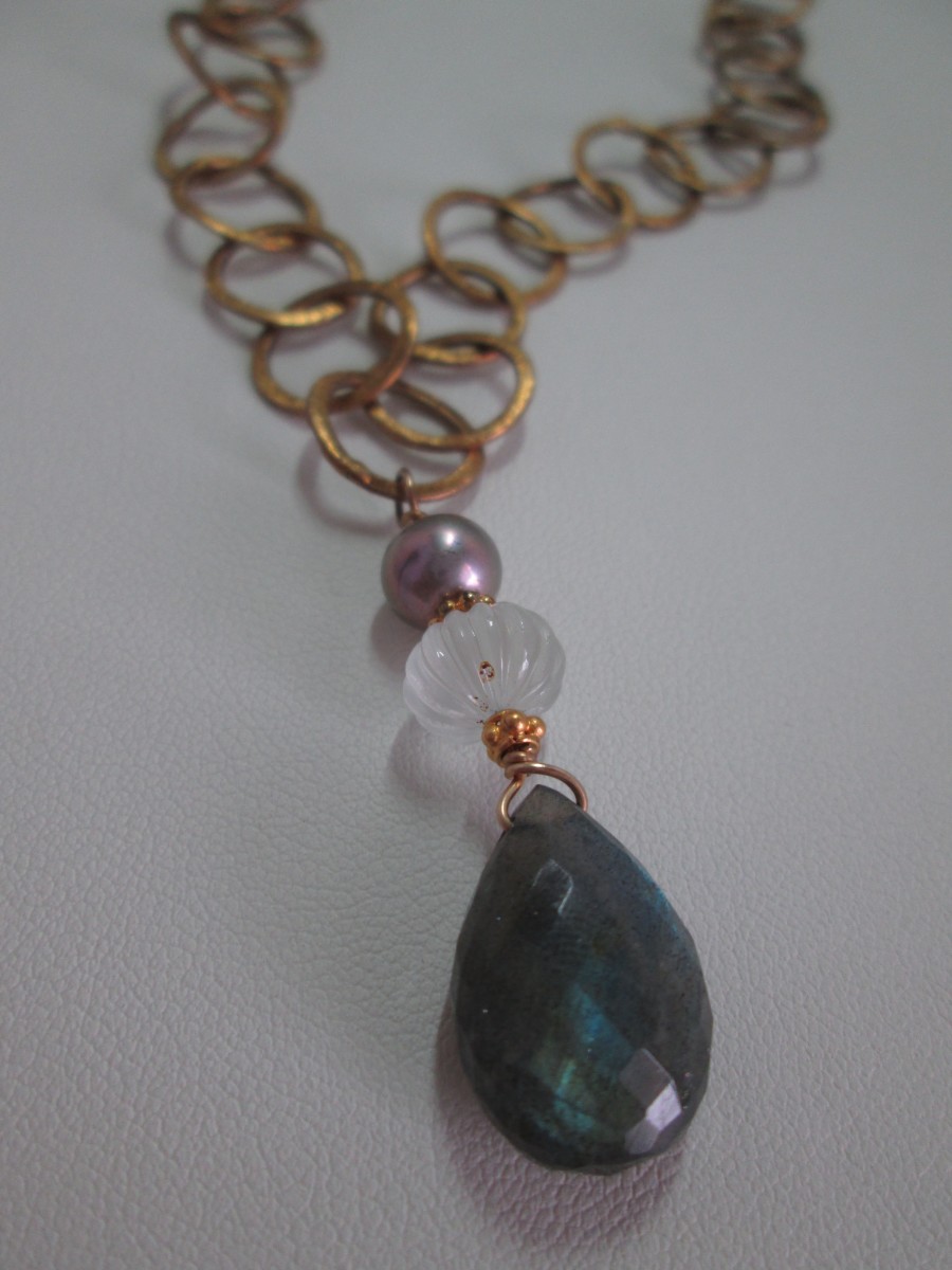 Labradorite Faceted Briolette Drop on Gold Vermeil Link Necklace with Aquamarine by Hollis Bauer 