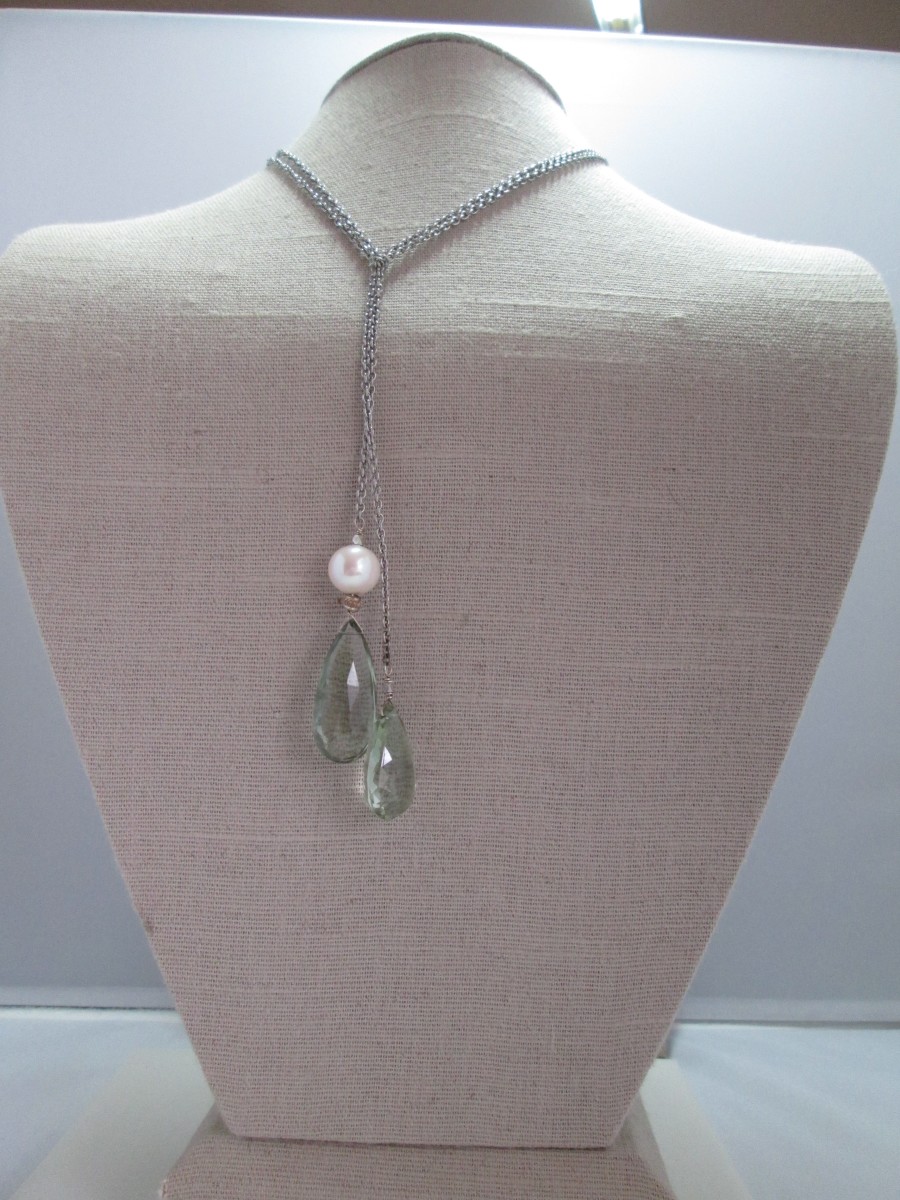 Green Amethyst and Pearl Wrap Necklace by Hollis Bauer 