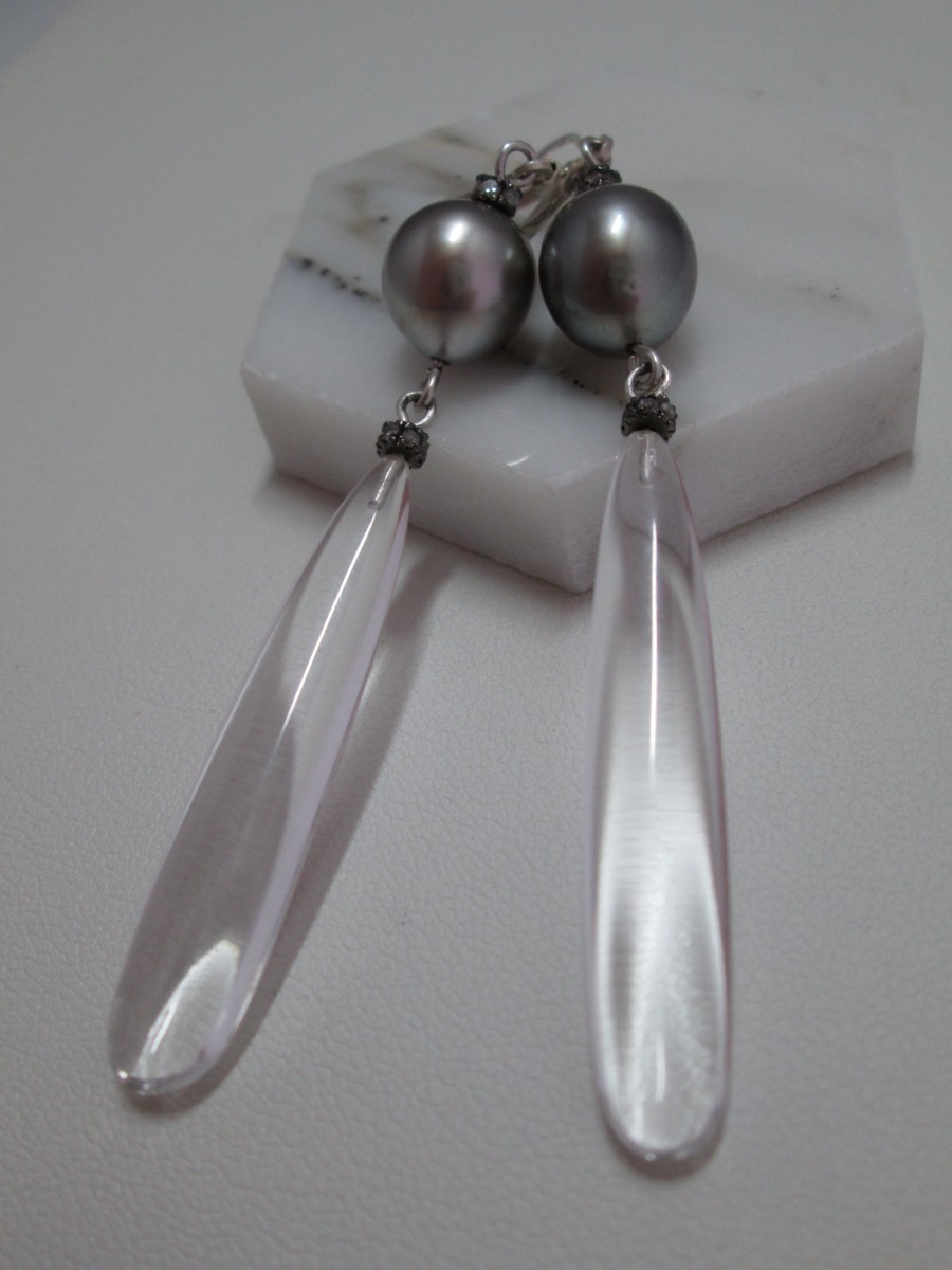 Elongated Quartz Drop Earrings with Gray Tahitian Pearls and Diamond Pave Bead by Hollis Bauer 