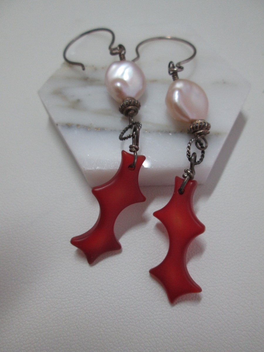 Carnelian Leaf and CFW Pearl Earring by Hollis Bauer 
