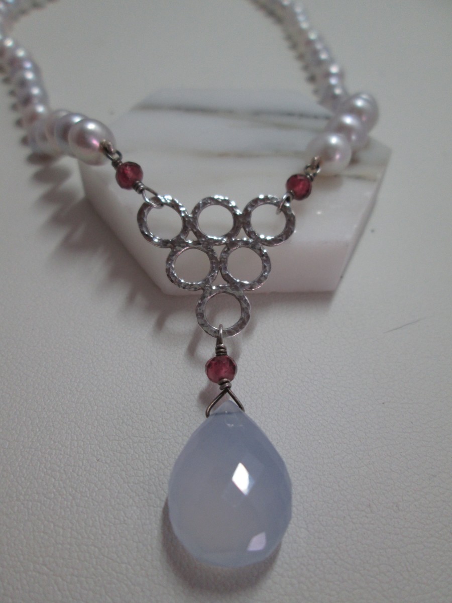 Lavender Chalcedony Briolette Drop Necklace with White CFW Pearls and Hammered SS Element by Hollis Bauer 