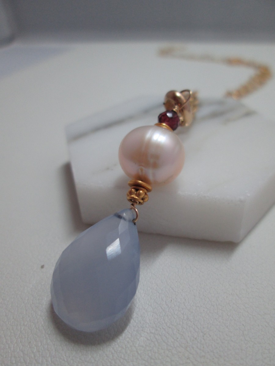 Blue Chalcedony Briolette Drop and CFW Pearl Necklace with Vermeil Chain by Hollis Bauer 