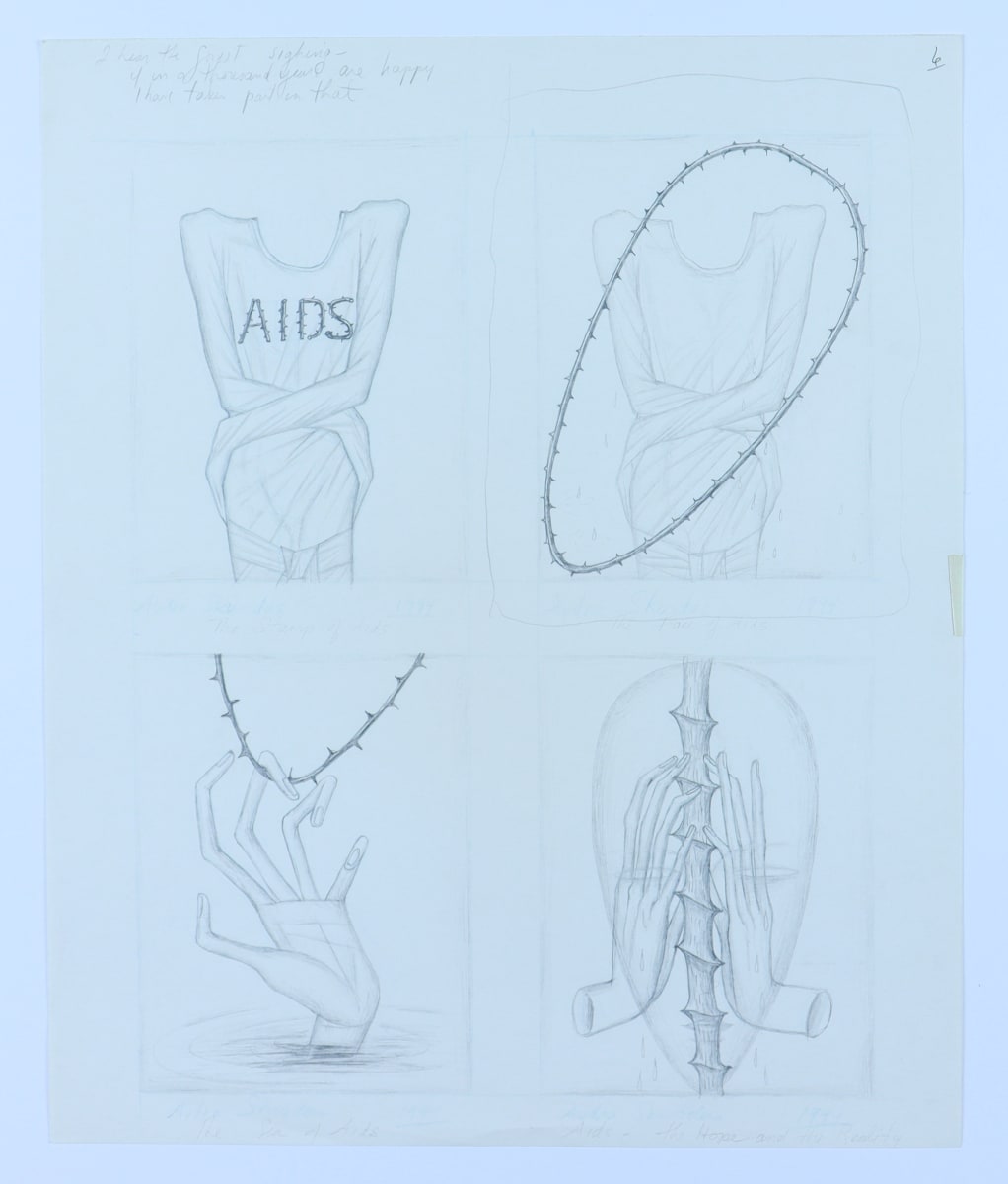 Untitled (AIDS study) by Audra Skuodas  Image: I hear the forest sighing -- if in a thousand years are happy 
I have taken part in that
Top L:  The story of AIDS
Top R: The face of AIDS
Bottom L:  The Sea of AIDS
Bottom R:  AIDS the Hope and the Reality