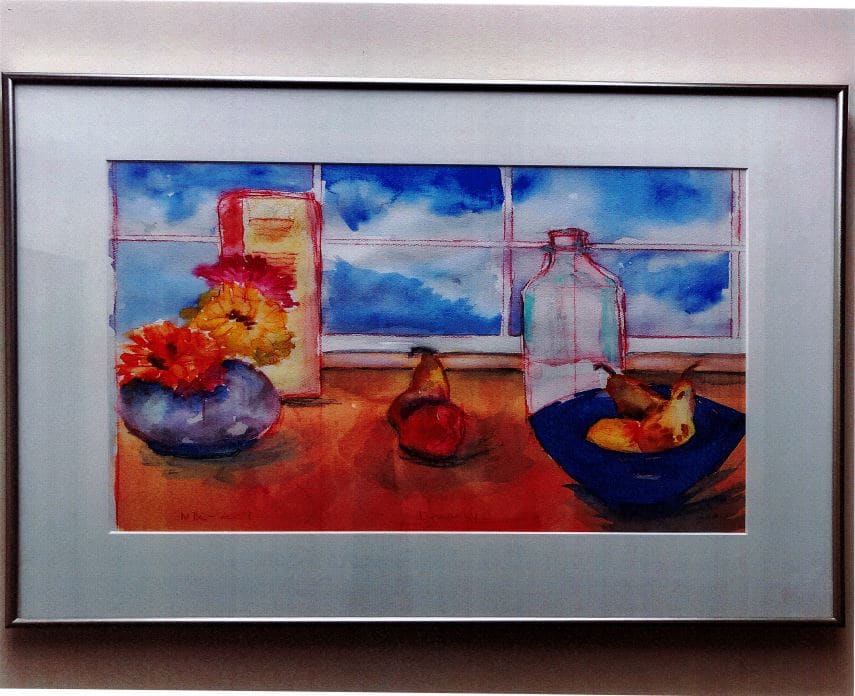 Still Life with Flowers, Fruit and Glass Bottle by Nancy Clark 