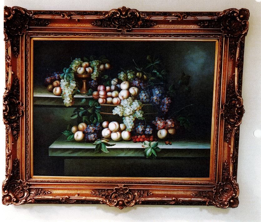 Two stone tables with fruit in small tazze, large basket by R. Printini 